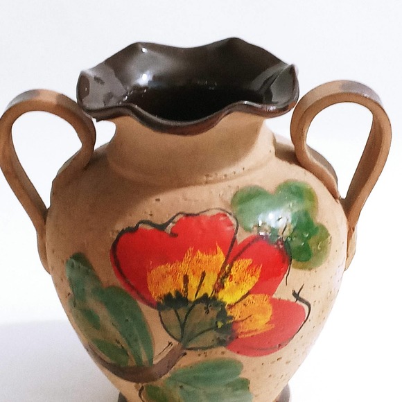 Vintage Pottery Glaze Vase Birds Floral Hand Painted Flowers (shelf) - Picture 4 of 7